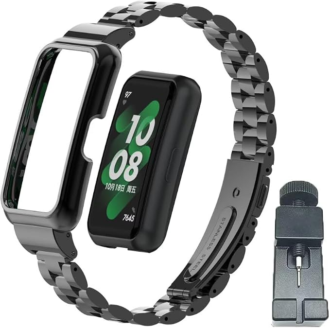 Compatible for Huawei Band 10/9/8/7 Bands,Stainless Steel Metal Replacement Strap Bracelet with Metal Frame for Huawei Band 7/8/9/10 Woman Man