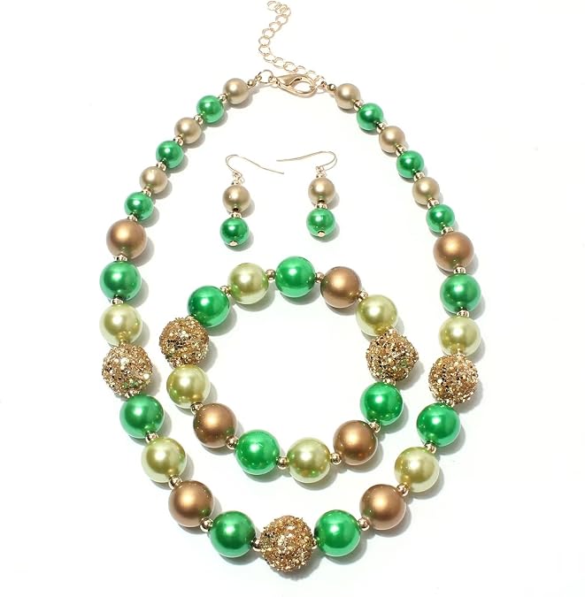 3Pcs Christmas Big Simulated Pearl Statement Necklace for Women Red Green White Earrings Bracelet Christmas Festival Holiday Jewelry Set Xmas Party Gifts