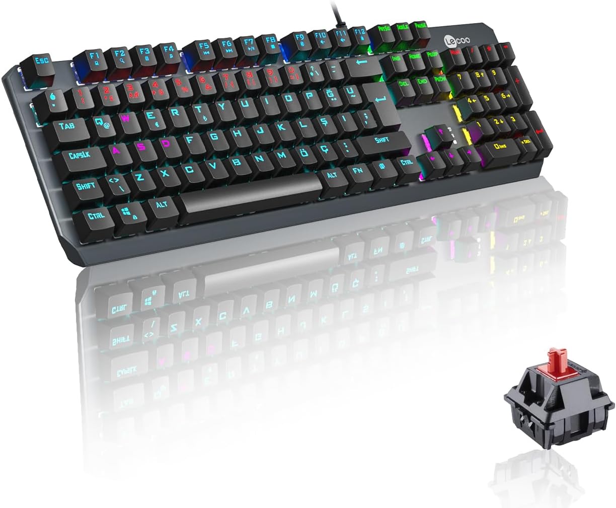 Lecoo GK301 USB Wired Red Switch Mechanical Gaming Keyboard - Macro Key Assignment, RGB LED Illumination, QWERTY Turkish Key Array, Gaming Turkish Q Keyboard Metallic Grey