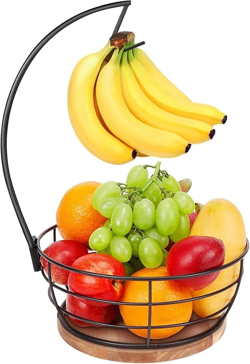 Countertop Fruit Basket Bowl with Banana Hanger, Modern Standing Fruit Vegetable Bowl Storage, with Banana Tree Holder for Kitchen Dinning Table (Black, 1Pcs)