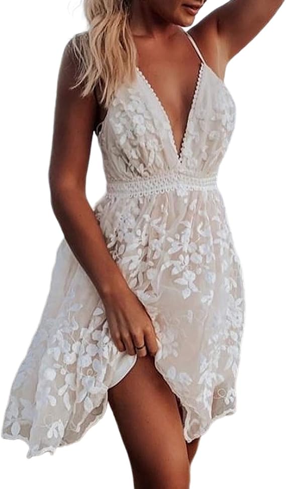 Women's V-Neck Spaghetti Strap Floral Backless Sleeveless Lace Mini Flowy Swing Skater Dress