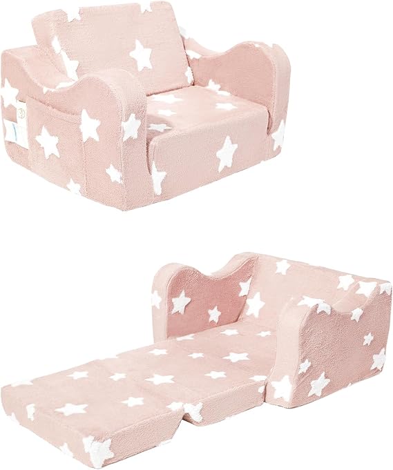 KokoSelene Toddler Couch, Kids Couch for Toddler Fold Out, 2-in-1 Convertible Kid Sofa to Lounger Bed for Girls and Boys, Ideal for Reading Relaxing Gaming Decor (Light Pink)