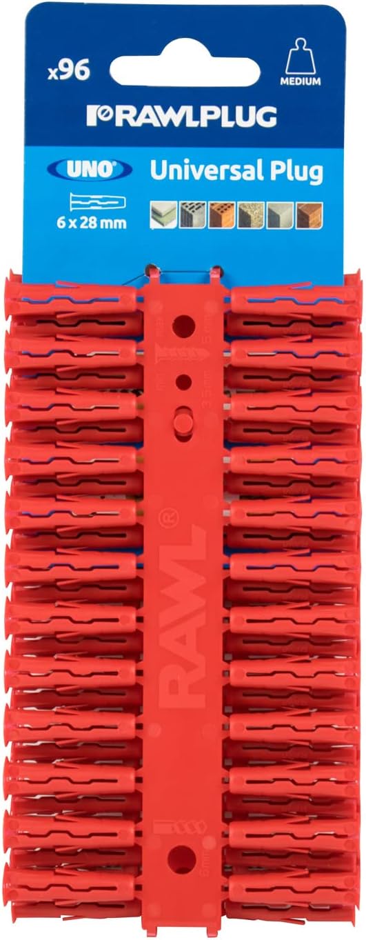 Rawlplug Uno Universal Contract Wallplug 6 mm RED | Rawl Plugs for Plasterboard, Masonry, Brick, Concrete | Solid Wall Plug Anti Rotation Features | Plasterboard Fixings Plug Pack of 96,R-U1-RED-96-C