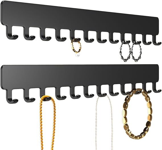 Necklace Holder Wall Mounted,Self Adhesive Jewelry Organizer,2 Pack,Black | Modern Design,24 Hooks for Jewelry,Self Adhesive No Drilling,Durable Metal Design,for bedroom/closet/bathroom/vanity