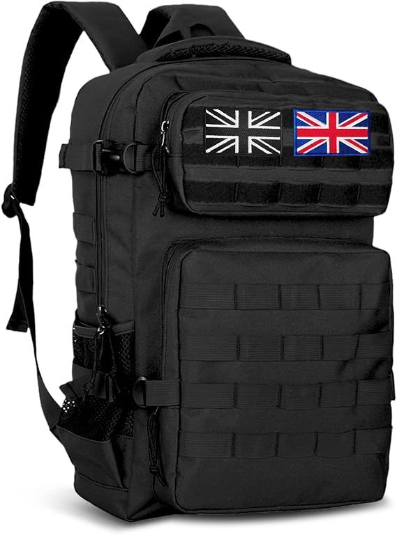 36L Waterproof Hiking Backpack Tactical Military Backpack | Multi-Compartment Camping Rucksack with Ventilated Straps and 2 Flag Patches for Trekking, Travel & Outdoor, Black