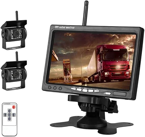 EVERSECU 2pcs Wireless Vehicle Backup Cameras Plus 7" Monitor Parking Assistance System for RV/SUV/Van/Pickup/Truck/Trailer Rear/Side/Front View System Switchable