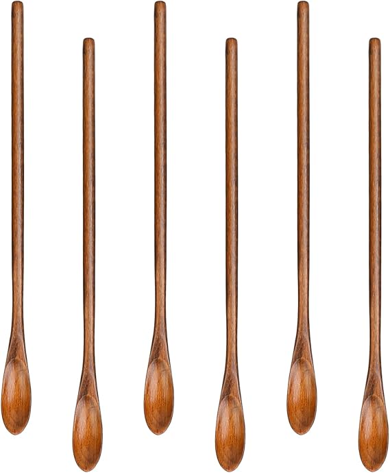 6 Pcs Small Wooden Coffee Spoons Long Handle Wooden Mixing Spoon, Mini Stirring Spoon Honey Spoons Tiny Mixing Spoon Wood Iced Tea Spoons Spoon for Mixing Coffee Tea Beverage(Shape A)