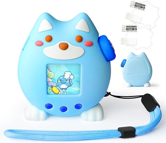 Silicone Case for Tamagotchi Paradise Electronic Pet - Cute Dog Protective Cover with 2Pcs Screen Protector and Button Cap Soft Stand Up Cover Carrying Lanyard (Blue)