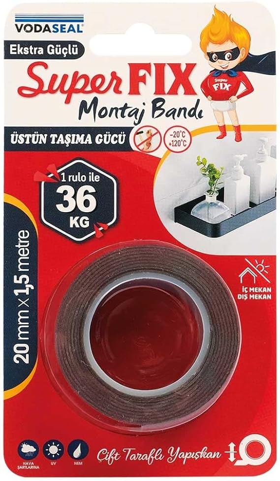 VODASEAL Superfix Montaj Bandı, 20 Milimetre x 1,5 Metre, Gri