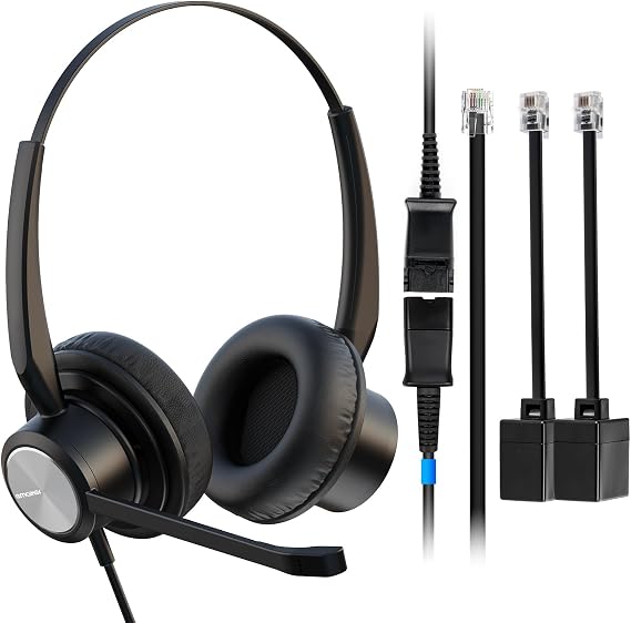 Office Phone Headset 2 Ears RJ9 RJ11 Call Center Telephone Headphone with Noise Cancelling Microphone for Grandstream Sangoma Yealink Snom Landline Phones SIP and IP Phones