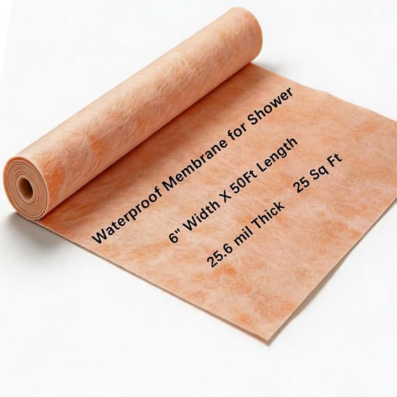Waterproof Membrane for Shower - 6" Width X 50Ft Length (25 Sq Ft),25.6 mil Thick,Polyethylene Fabric Waterproof Membrane Roll,Tile Underlayment for Bathroom,Kitchen,Sauna and Wet Areas