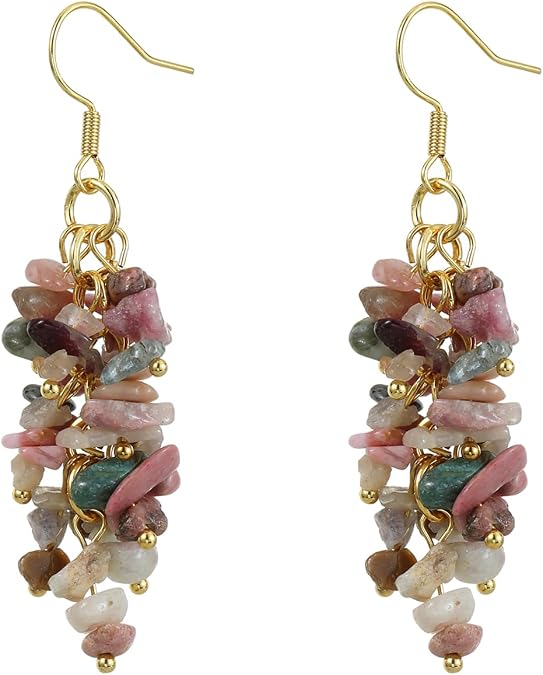 Natural Gemstone Earrings for Women | Natural Tumbled Stones Chip Earrings | Semi Precious Stone Cluster Earrings | Reiki Healing Crystal Long Dangle Hook Eardrop