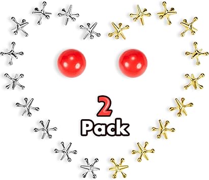 Gejoy 2 Sets Metal Jacks Game with Ball 2 Pieces Red Rubber Balls and 20 Pieces Classic Retro Vintage Jacks Toy for Kids and Adults for Birthday Party Board Game