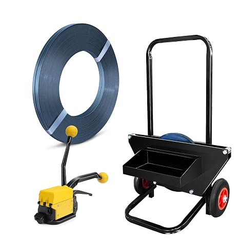 Steel Strapping Banding Machine 2 Roll Single Ply 5/8" x .020" x 2550' Steel Strapping Coil Strapping and Cart & Dispenser