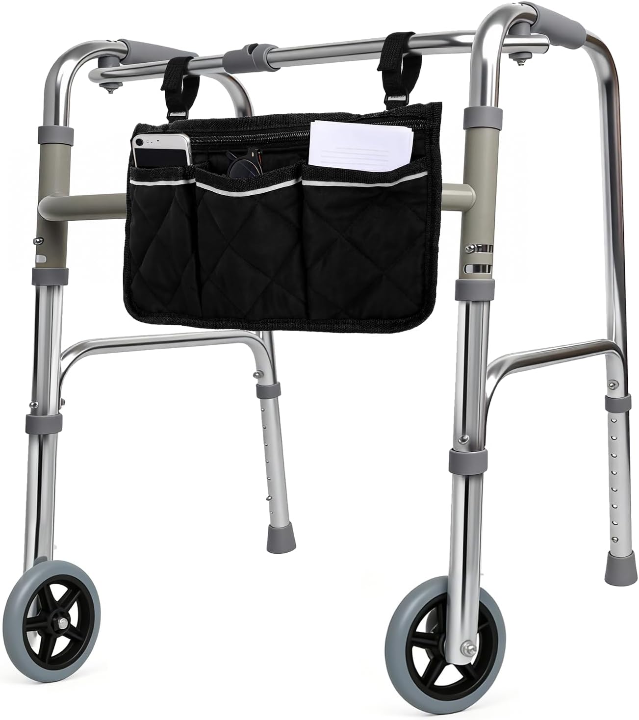 Lightweight Folding Walker for Seniors - 8-Level Height Adjustable Walker with Small Storage Bag, Elderly Walkers with Removable Wheels,Portable Walkers for Senior, 2 Wheels with Bearings, Silver