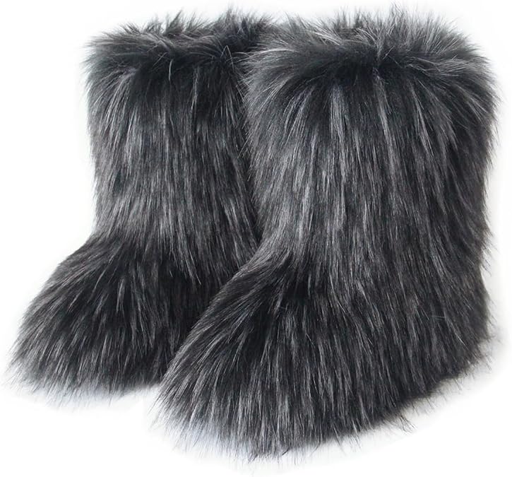 QMFUR Women's Furry Faux Fur Boots Fuzzy Fluffy Mid Calf Snow Boots Suede Warm Fur Lined Booties Flat Fashion Boots