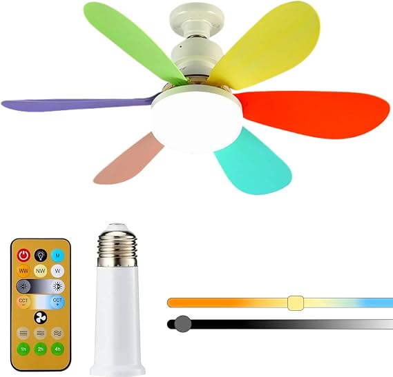 Ceiling Fans with Lights, Socket Fan Light with Remote 3 Colors Dimmable LED Quiet Screw in Ceiling Fan 3 Wind Speeds for Bedroom Living Room Kitchen Home Indoor (Multicolor-40W)