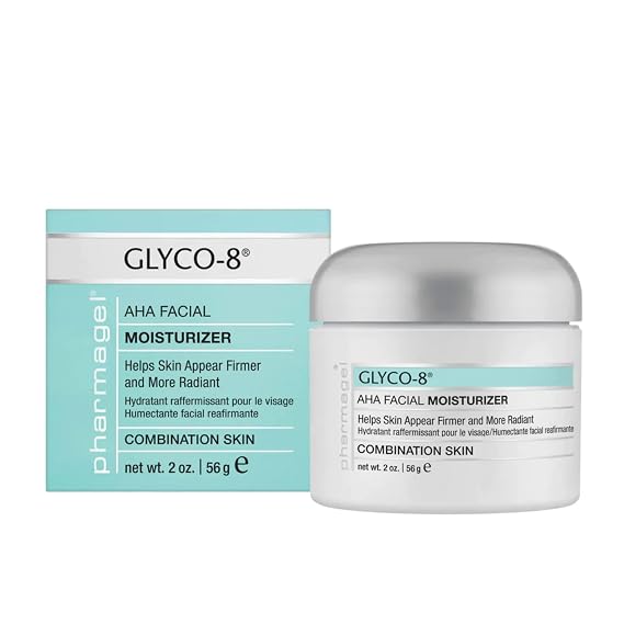 Pharmagel Glyco-8 Facial Moisturizer Hydrating Glycolic Acid Face Cream with Vitamins C & E for Combination Skin, Daily Exfoliating Moisturizer, 2 oz