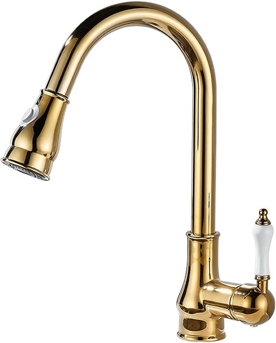 Retro Vintage Kitchen Faucet with Pull Out Spray Single Handle Mixer Tap 1 Hole Swivel Spout Hot & Cold Water Gold Finish for Sink