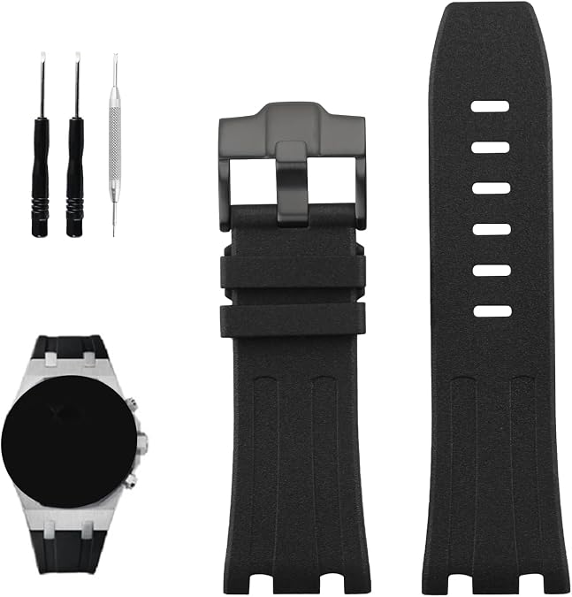 XIW Compatible for 28mm Audemars Piguet AP Royal Oak Offshore Watch 15703 15710 15400 26470 26400 Rubber Watch Band Replacement for men Silicone Wirstband Strap women Bracelet (Black Buckle, 28mm)