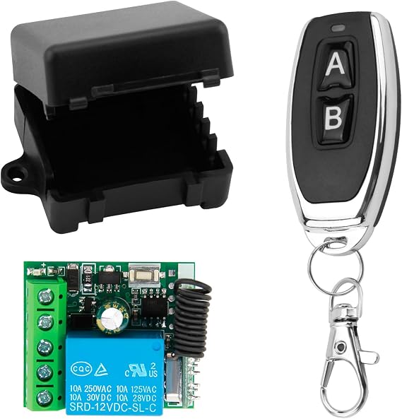 DC 12V Remote Control Switch 433Mhz, RF 10A Wireless Relay Receiver Board Universal with Transmitter Key Fobs, DIY Wireless Controller with DC Connector for Garage Door, Gate Door, Light, Motor | with Transmitter Key Fobs, DIY Wireless Controller Universal with DC Connector for Garage Door, Gate Door, Light, Motor
