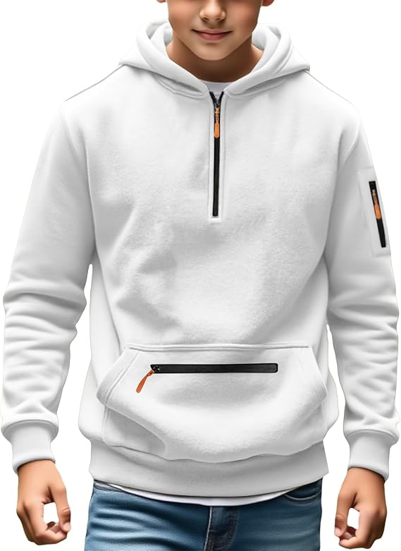 Youth Boys Half Zip up Hoodies Fleece Warm Cargo Zipper Pockets Pullover Hooded Sweatshirts Kids Fall Casual Clothes