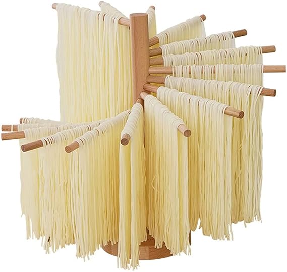 Collapsible Pasta Drying Rack Wooden Spaghetti Stand Dryer with 16 Suspension Rods Homemade Fresh Noodle Hanger Easy Storage(Log Color)