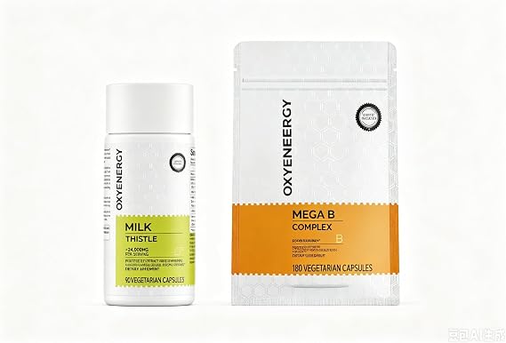 OxyEnergy Milk Thistle Liver Support Supplement & Mega Vitamin B Complex B1 B2 B3 B5 B6 B7 B9 B12
