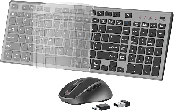FENIFOX Rechargeable Wireless Keyboard and Mouse, with Number Pad Grey | Quiet Silent, Slim Thin Flat Low Profile Soft Key, USB C, with Skin Cover, Ergonomic Mouse, for Mac Windows PC, Home Office