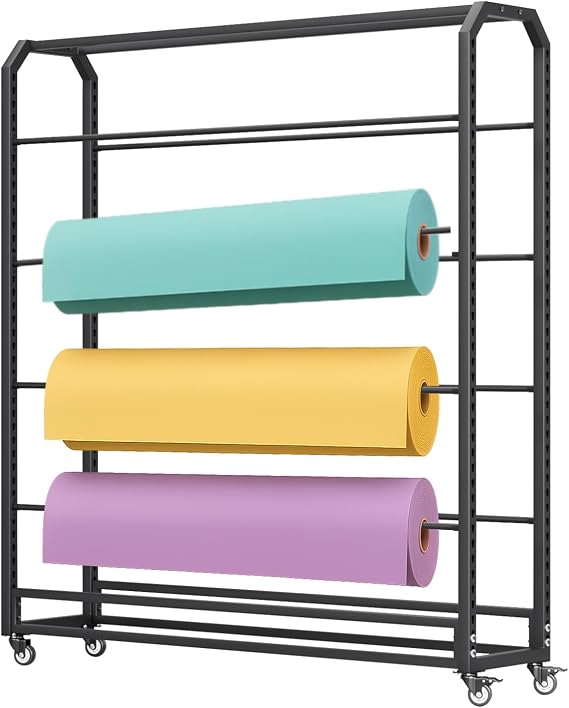 Large Textile Commercial Fabric Roll Storage Rack, 8-roll Movable Vinyl Paper Organizer with Adjustable Hanging Rods, Heavy-duty Sewing Room/Curtain Studio Display
