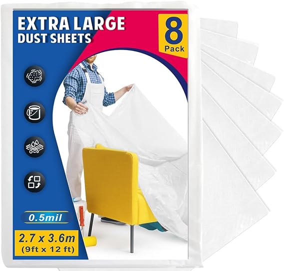 8 Pack 12x9FT Extra Large Plastic Dust Sheets for Decorating - 3.6M x 2.7M - Plastic Dust Sheets for Painting - Clear Plastic Sheet for Furniture and Floor - Decorating Sheet - Polythene Sheeting
