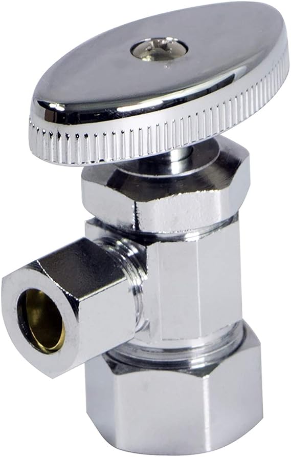 MIDLINE VALVE 71514QS-OM Water Supply Stop Valve with Multi-Turn Wheel; Lead-Free; One Piece Design; Angle Shut-off for Toilet, Sink, Dishwasher, Heater; 5/8 in. COMP x 1/4 in. O.D. COMP; Chrome Plated Brass
