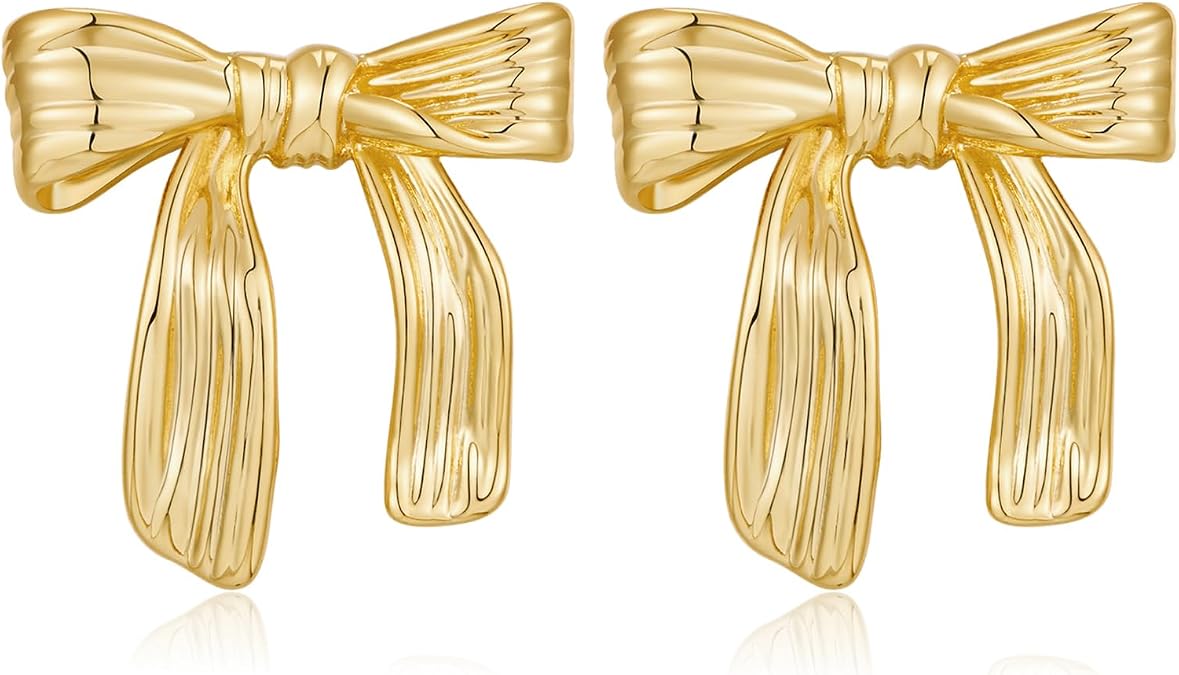 Gold Bow Stud Earrings for Women - Cute Bowknot Drop and Trendy Ribbon Bow Tie Statement Jewelry