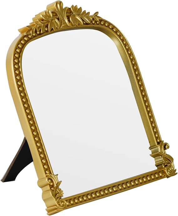 Gold Plastic Arched Makeup Mirror, Standing, Hanging or Wall Mount, Bathroom, Living Room, Bedroom Gold Decorative Mirror (22 x 27 CM)