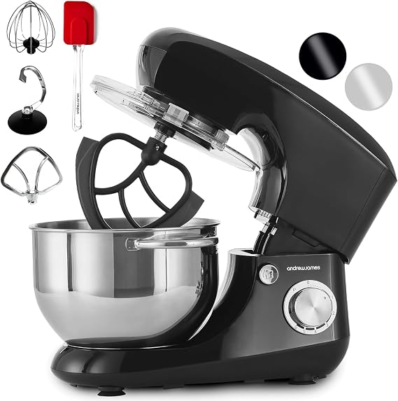 Andrew James Stand Mixer for Baking Food Mixer, 1300W Max, Large 5.5 Litre Bowl 6 Speed Pulse Mode, Kitchen Electric Mixer with Bowl, Flexi-Beater Dough Hook Balloon Whisk Removable Splash Guard