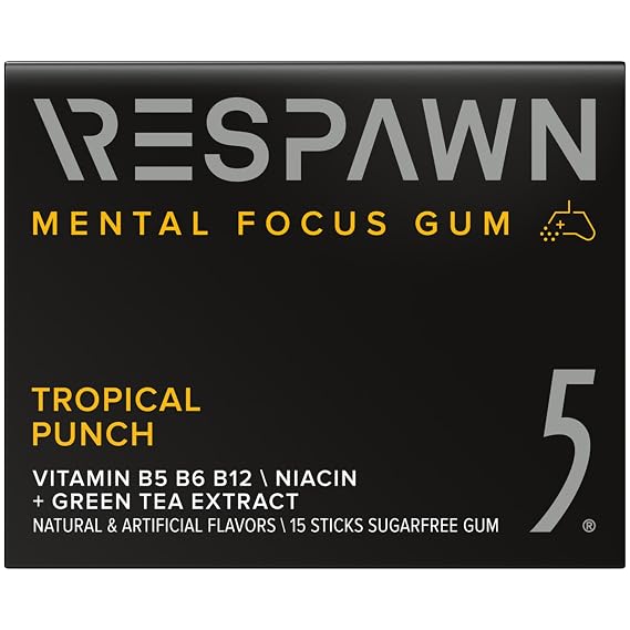 RESPAWN by 5 GUM Mental Focus Gum, Tropical Punch Sugar Free Chewing Gum, 15 Sticks