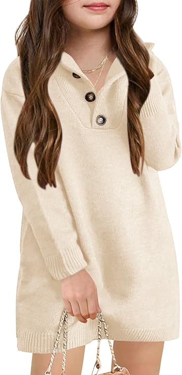 Meikulo Girls Sweater Dress Kids Knitted Button Pullover Dresses 5-14 Years