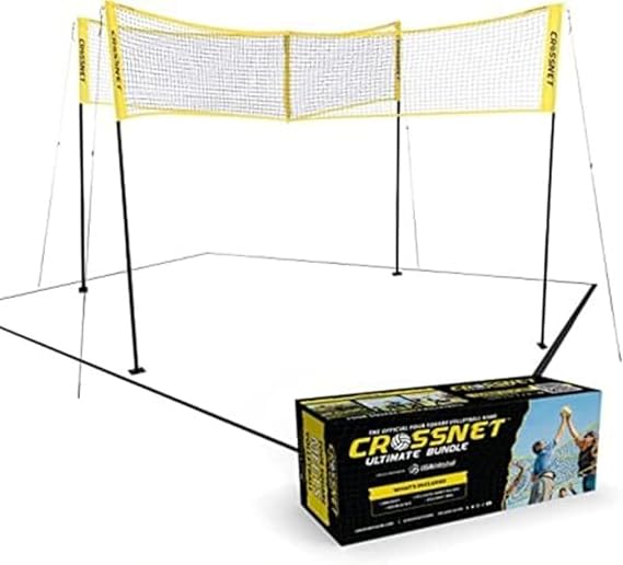 CROSSNET 4-Way Volleyball Net Set with Adjustable Poles Backpack & Official Ball Quick Setup Outdoor Volleyball Game for Adults & Kids 4 Square Volleyball Net for Backyard Beach Yard Lawn & Park Play