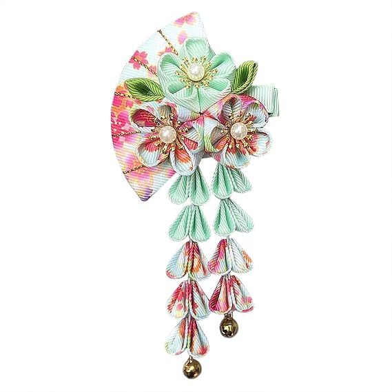 Japanese Tassel Hair Clip Women Chinese Hanfu Kimono Hair Accessories Floral Bell Pearl Fan-shape Clip for Cosplay Photo Prop (Green)