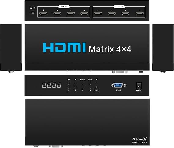 HDMI Matrix Switch 4x4,4K HDMI Matrix Switcher Splitter 4 in 4 Out Box with with RS232&IR&Button Hand Control for PS4 Camera PC to TV Monitor