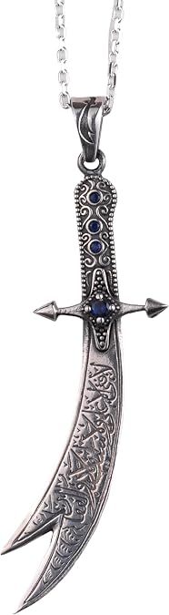Zulfiqar Sword Pendant - 925 Sterling Silver Necklace with Arabic Calligraphy and Stones - Islamic Symbolic Jewelry