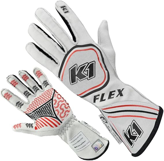 K1 Flex Adult Nomex Auto Racing Gloves - SFI 3.3/5 - White - Medium