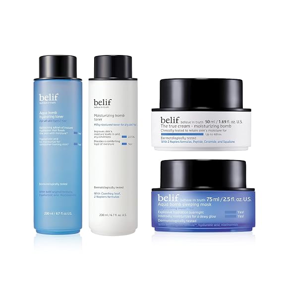 belif Night Care Routine - Aqua Bomb and Moisturizing Bomb Toner, Cream, Overnight Mask