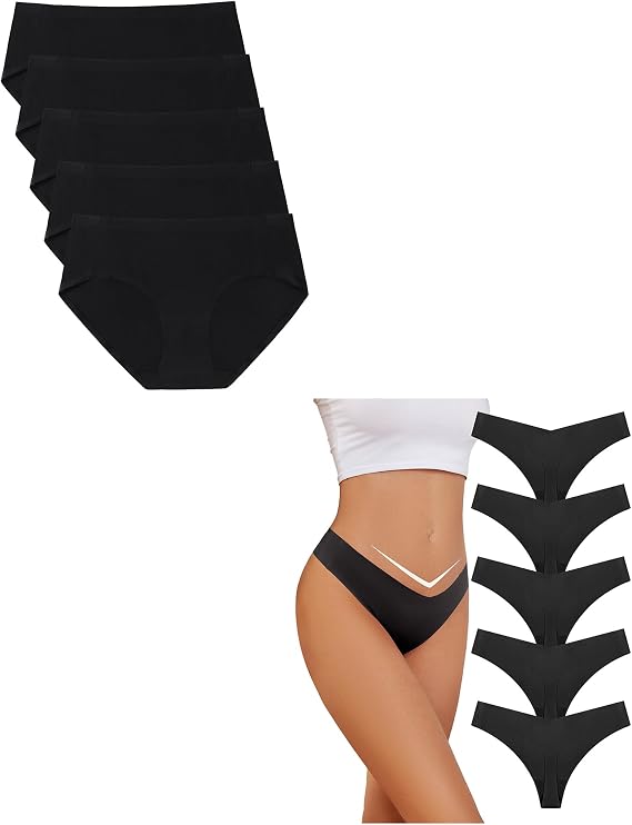 voenxe Womens Seamless Hipster 5 Pack and 5 Pack V Waisted No Show Ladies Panties