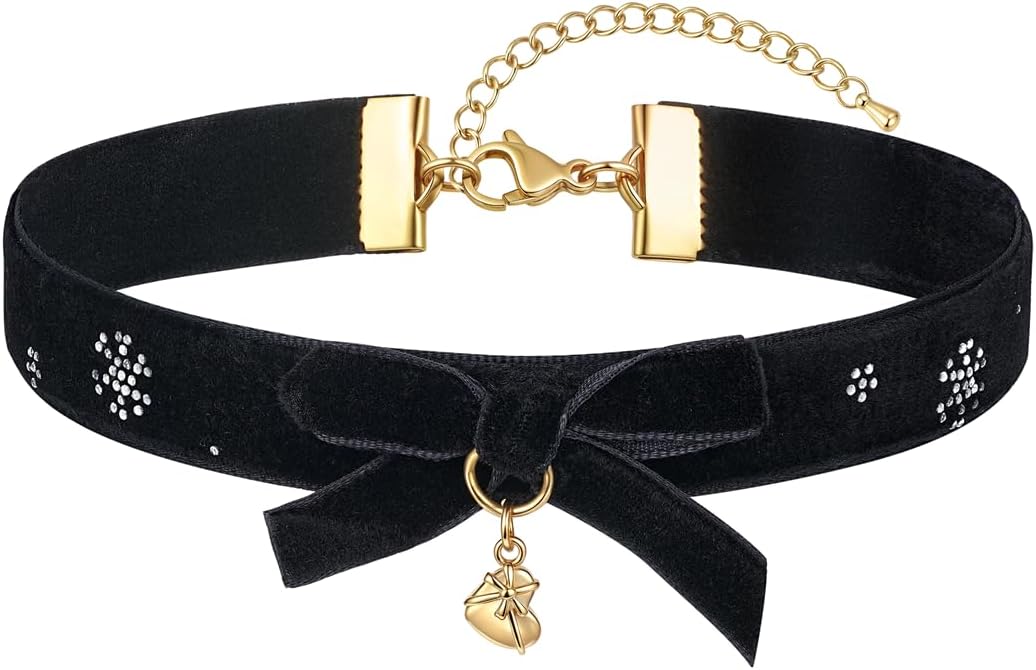 FOSIR Velvet Choker for Slender Neck, 14k Gold Plated Sainless Steel Heart/Snowman/Deer/Hat/Tree/Bell/Pendant Collar Necklace for Women, Adjustable Soft Skin-Friendly Velvet Jewelry Gifts