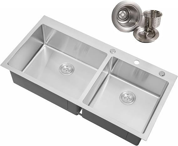 CozyBlock 43 Inches 16-Gauge Stainless Steel Topmount Drop-in 60/40 Double Bowl Kitchen Sink in Brushed Stainless Steel Finish with Strainer