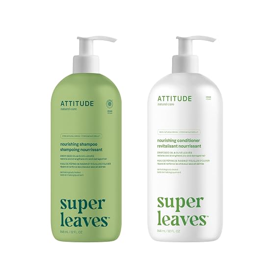 Bundle of ATTITUDE Nourishing Hair Shampoo and Conditioner, Dermatologically Tested, Plant- and Mineral-Based, Vegan Beauty Products, Grape Seed Oil and Olive Leaves, 32 Fl Oz