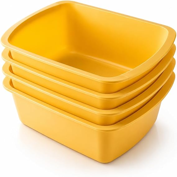 Portable Rectangular Plastic Wash Basin, 6 Quarts with Graduations, Gold (4 Pack)