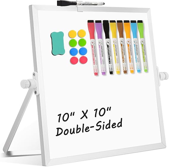 Double-Sided Magnetic White Board with Stand, 10" x 10"