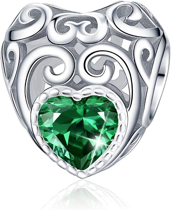 FOREVER QUEEN Birthstone Charms- Leaves Wave Heart Bead Charms- 925 Sterling Silver Platinum Plated Openwork Birthday Charm fit Charm Bracelet Necklace for Women, Daughter, Wife, Girlfriend, Mother